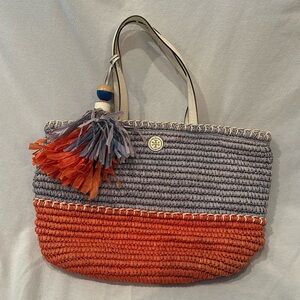 Tory-Burch Leather Trimmed Straw Tote Bag. Red Blue Pom Pom Tassle